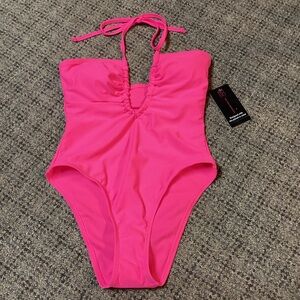 No Boundaries Hot Pink Deep V One Piece Swim Suit * Size Small 3-5 * NWT